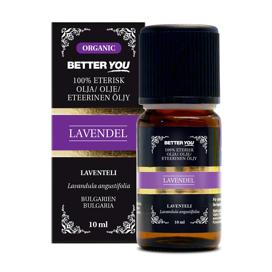 Better You Lavendelolja EKO Eterisk 10 ml ruskeassa lasipullossa mustalla korkilla, mukana musta-violetti pakkaus.