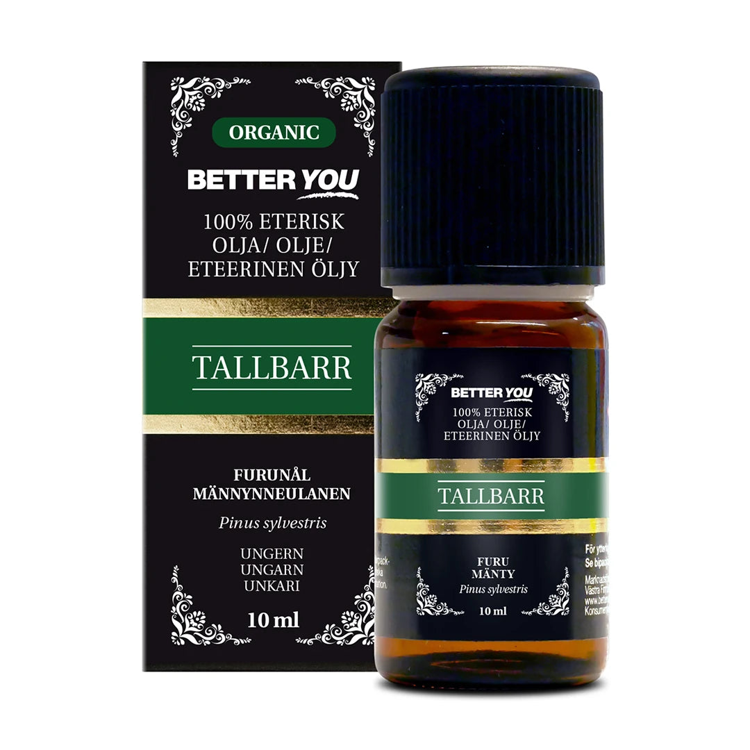 Better You Tallbarrsolja EKO Eterisk 10 ml tummassa lasipullossa ja vihreäyksityiskohtaisessa pakkauksessa.