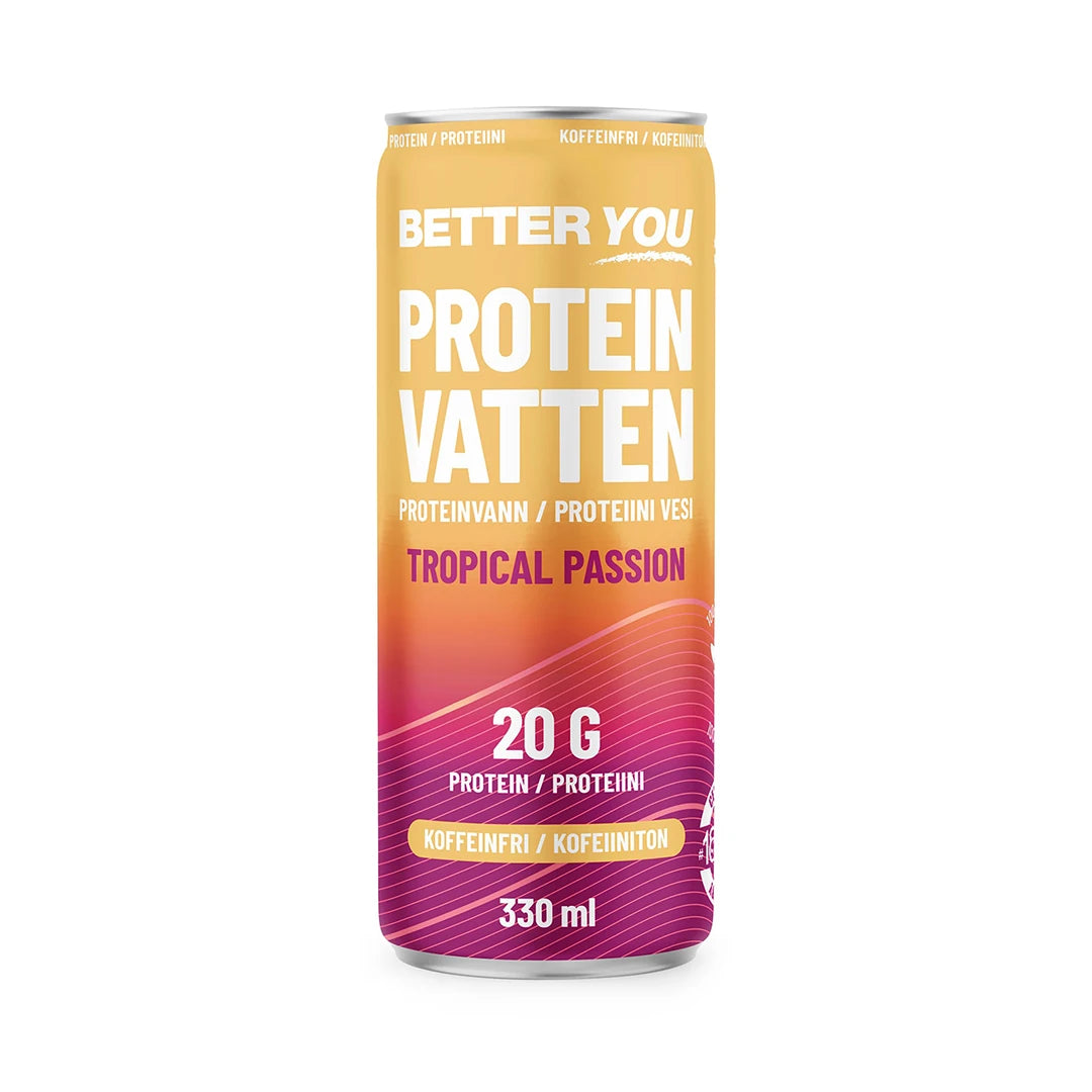 Better You Proteiinivesi 330 ml oranssi-vaaleanpunaisessa tölkissä, makuna kofeiiniton Tropical Passion., kuva 3/4