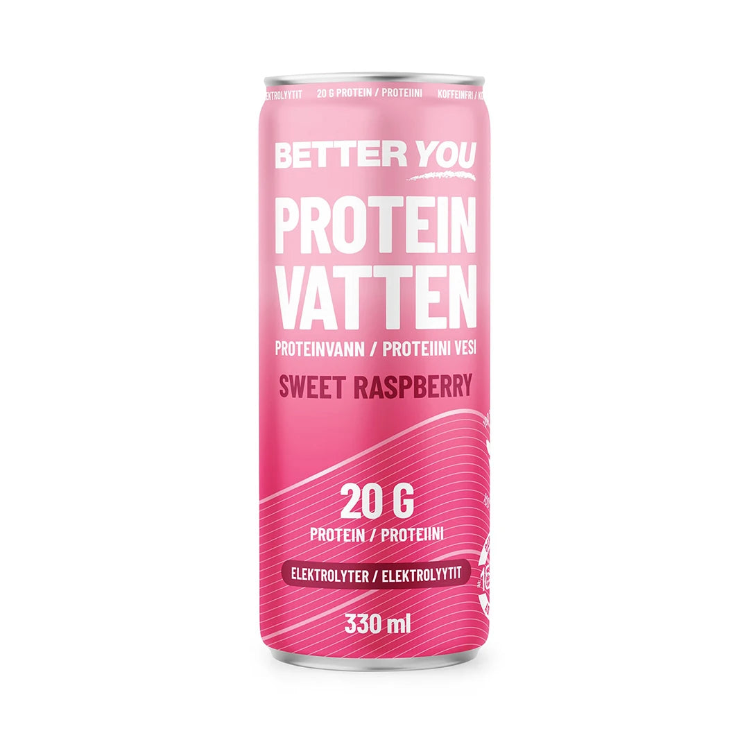 Better You Proteiinivesi 330 ml -proteiinijuoma vaaleanpunaisessa tölkissä valkoisella tekstillä, makuna Sweet Raspberry., kuva 4/4