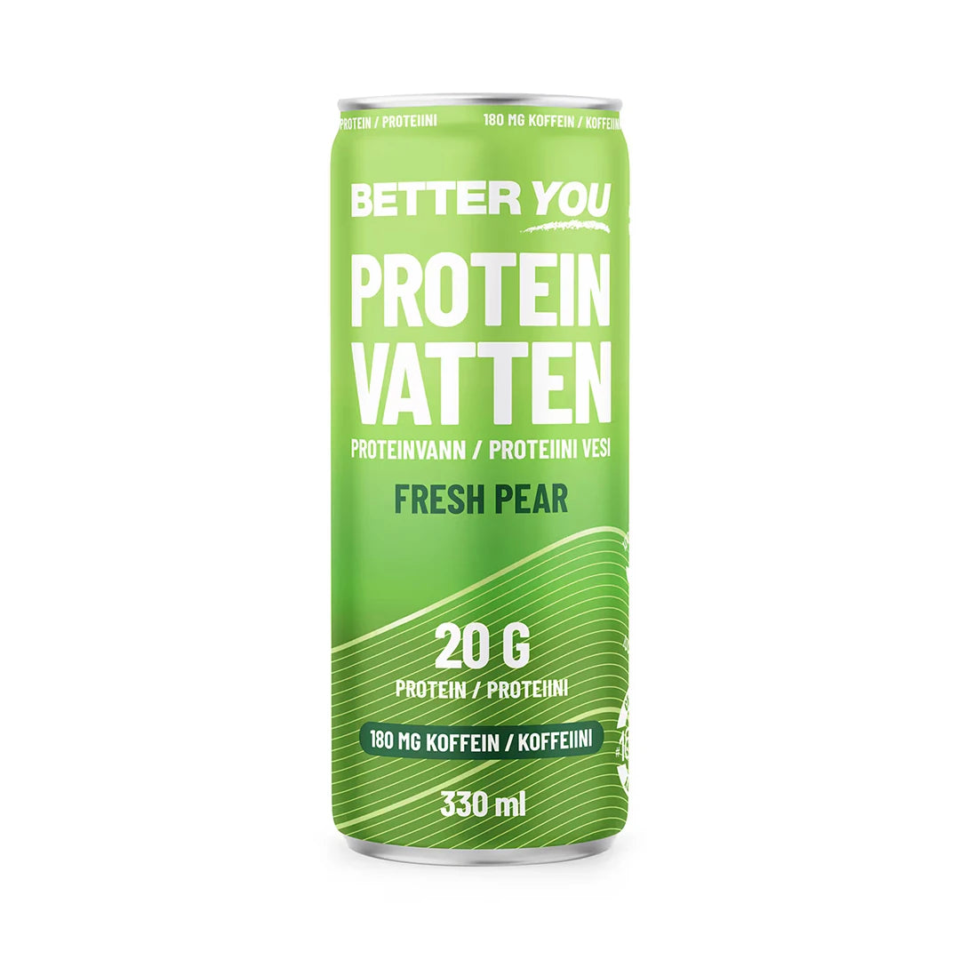 Better You Proteiinivesi 330 ml vaaleanvihreässä tölkissä valkoisella tekstillä, makuna Fresh Pear.