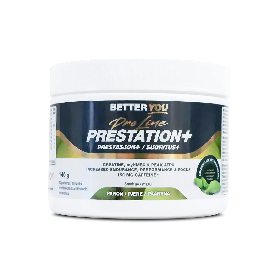 Better You Prestation Plus 140 g -tehonlisääjäjauhe valkoisessa purkissa, makuna päärynä.
