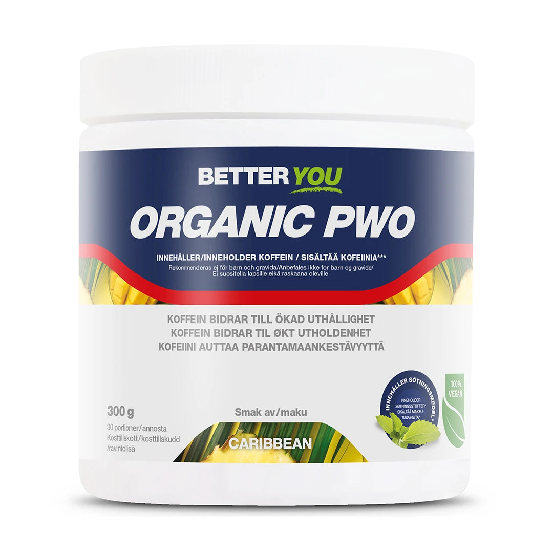 Valkoinen purkki jauhemaista Better You Organic PWO 300 g -tehonlisääjää, makuna Caribbean.