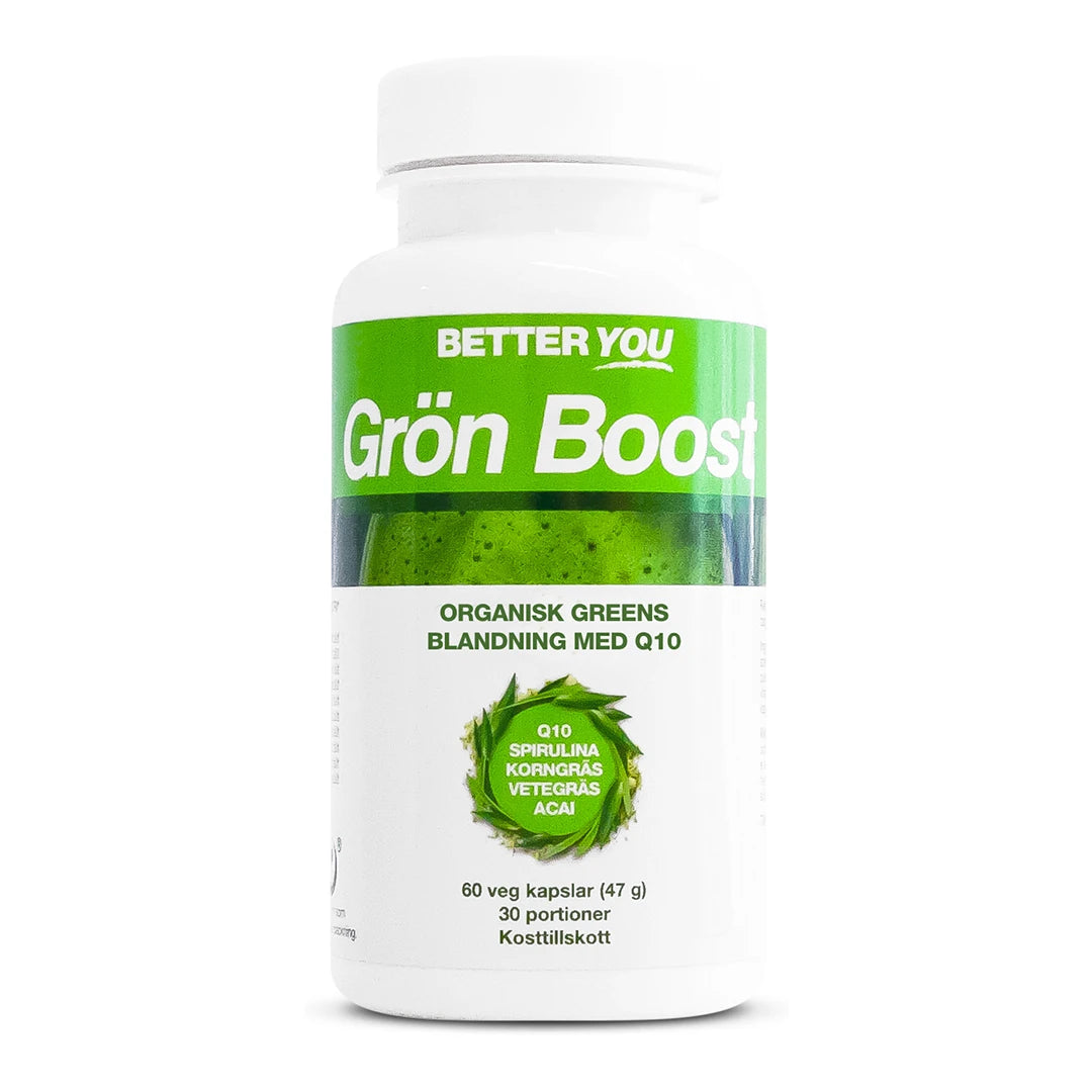 Better You Grön Boost Kapslar 60 kaps 0,047 kg -ravintolisä valkoisessa muovipurkissa, jossa on vihreä etiketti.
