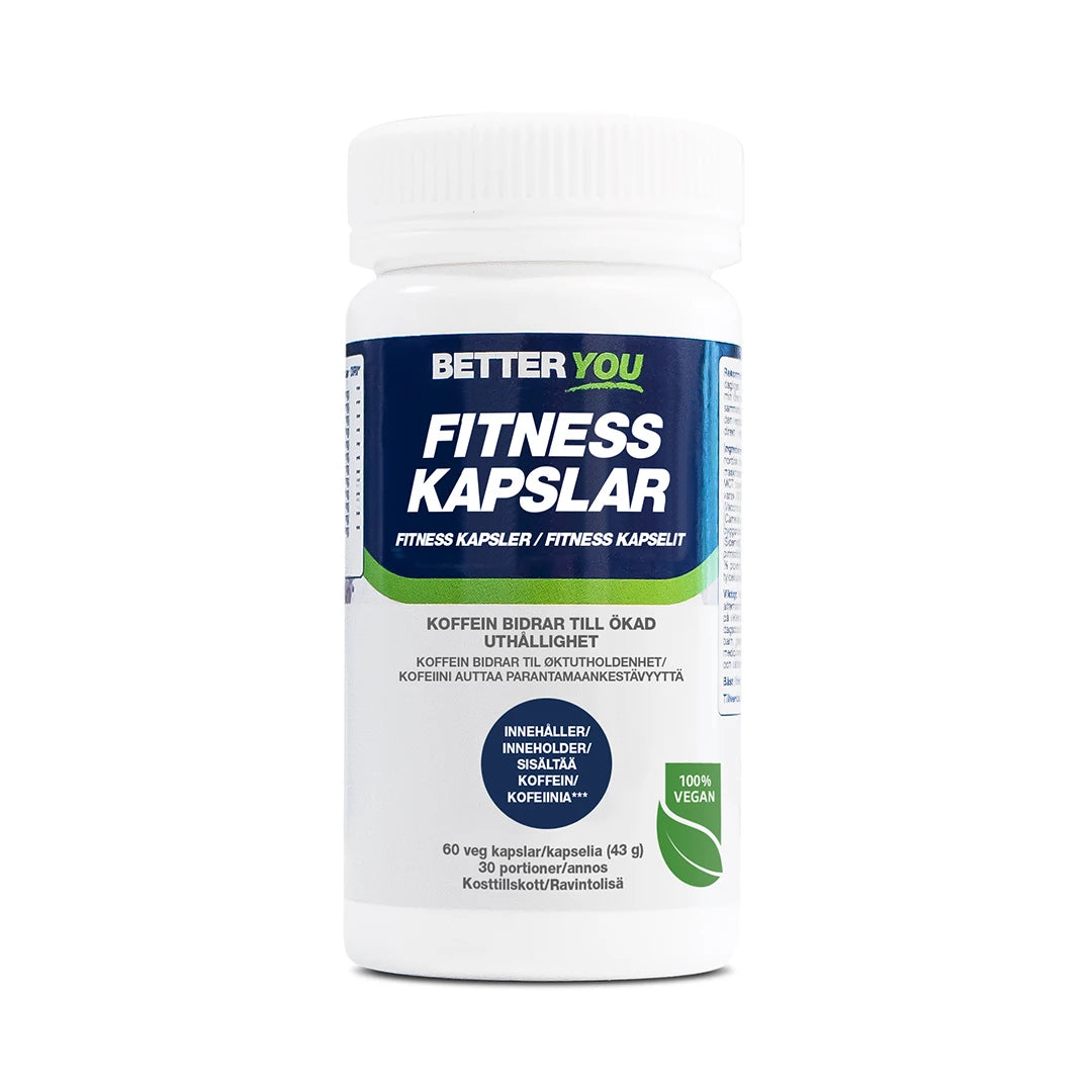 Valkoinen purkki sinivihreällä etiketillä: kestävyyttä lisäävä Better You Fitness Kapslar med koffein 60 caps.