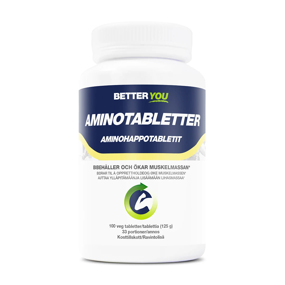 Better You Amino Tabletter 100 tabs -aminohappolisä valkoisessa purkissa tummansinisillä ja vihreillä yksityiskohdilla.
