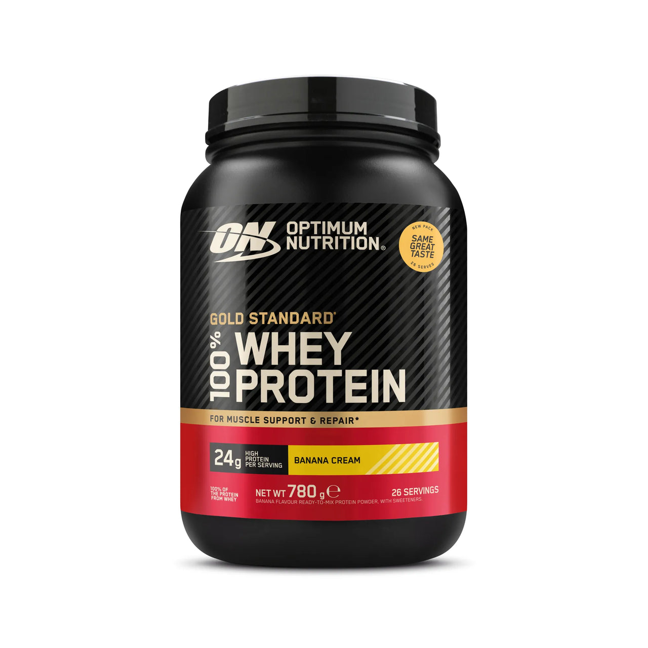 Optimum Nutrition 100% Whey Gold Standard 775 g -proteiinijauhe mustassa purkissa punaisin yksityiskohdin, makuna Banana.