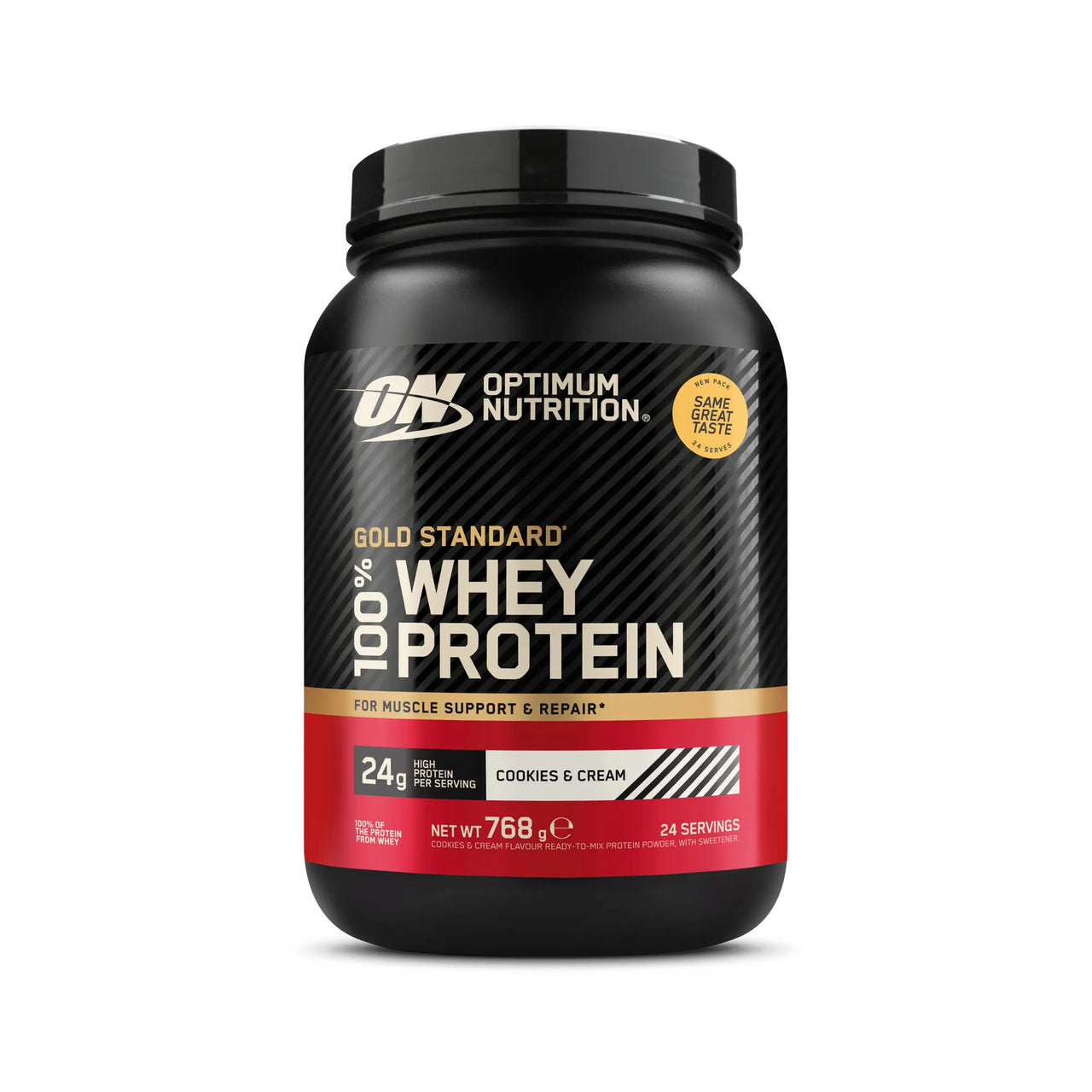 Optimum Nutrition 100% Whey Gold Standard 775 g -proteiinijauhe musta-punaisessa purkissa, makuna Cookies & Cream.