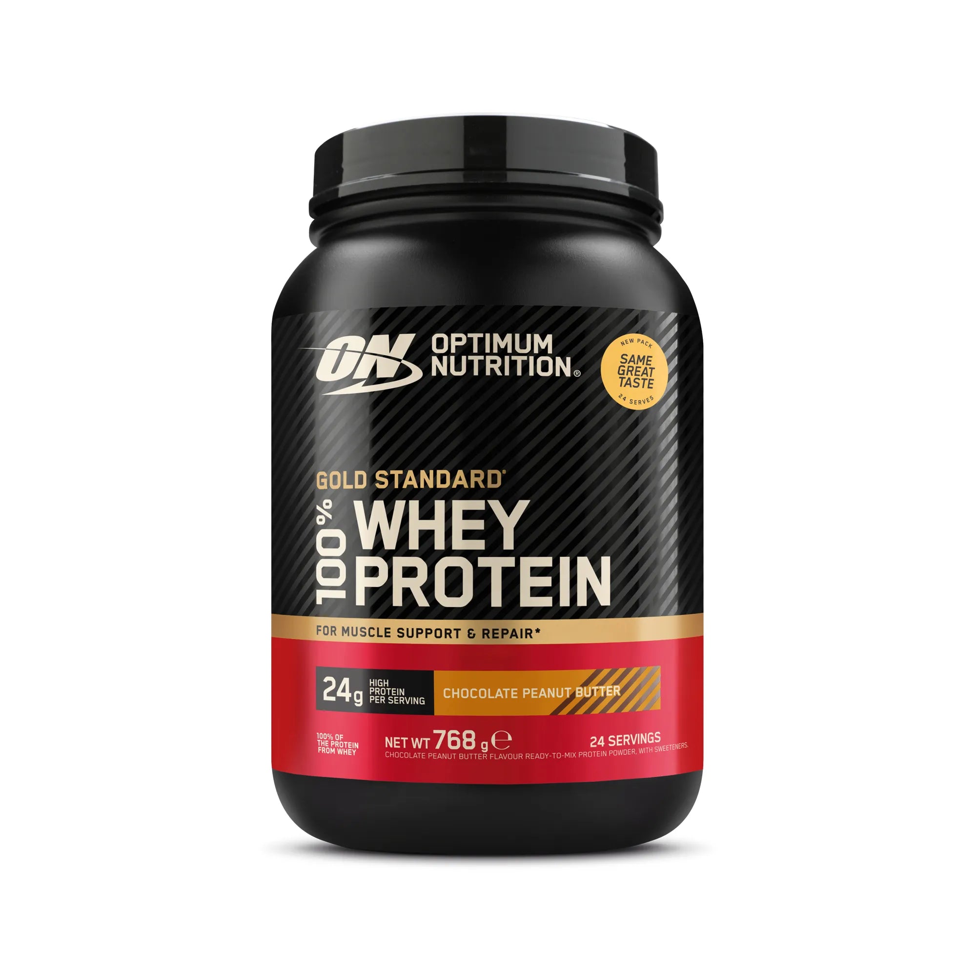 Optimum Nutrition 100% Whey Gold Standard 775 g mustassa purkissa punaisin yksityiskohdin, makuna Chocolate Peanut Butter., kuva 3/8