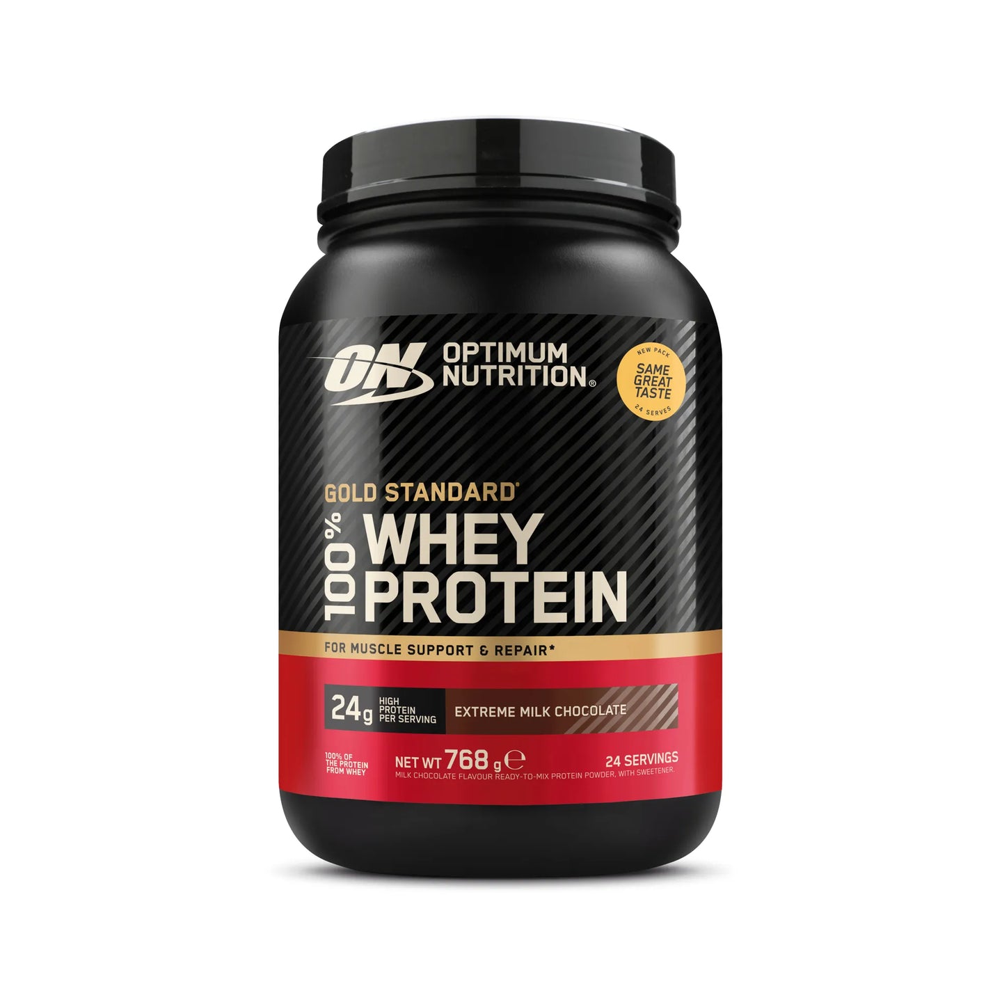 Optimum Nutrition 100% Whey Gold Standard 775 g mustassa purkissa punaisella raidalla, makuna Extreme Milk Chocolate., kuva 5/8