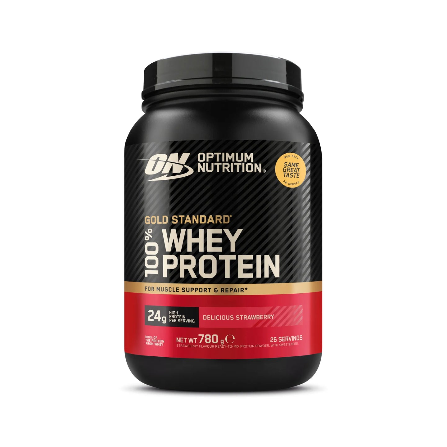 Optimum Nutrition 100% Whey Gold Standard 775 g mustassa purkissa punaisilla yksityiskohdilla, makuna Delicious Strawberry., kuva 6/8