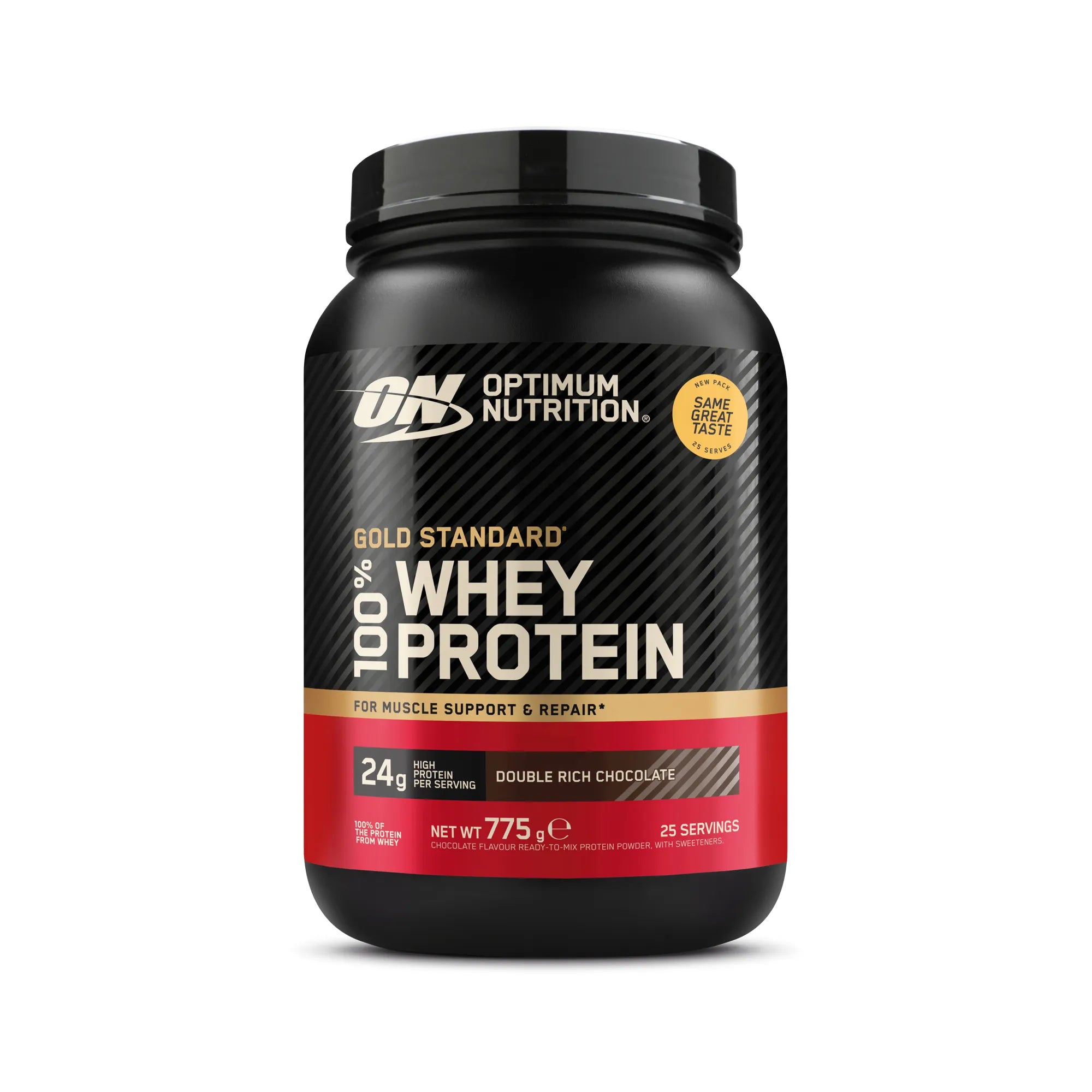 Optimum Nutrition 100% Whey Gold Standard 775 g mustassa purkissa punaisilla yksityiskohdilla, makuna Double Rich Chocolate., kuva 7/8