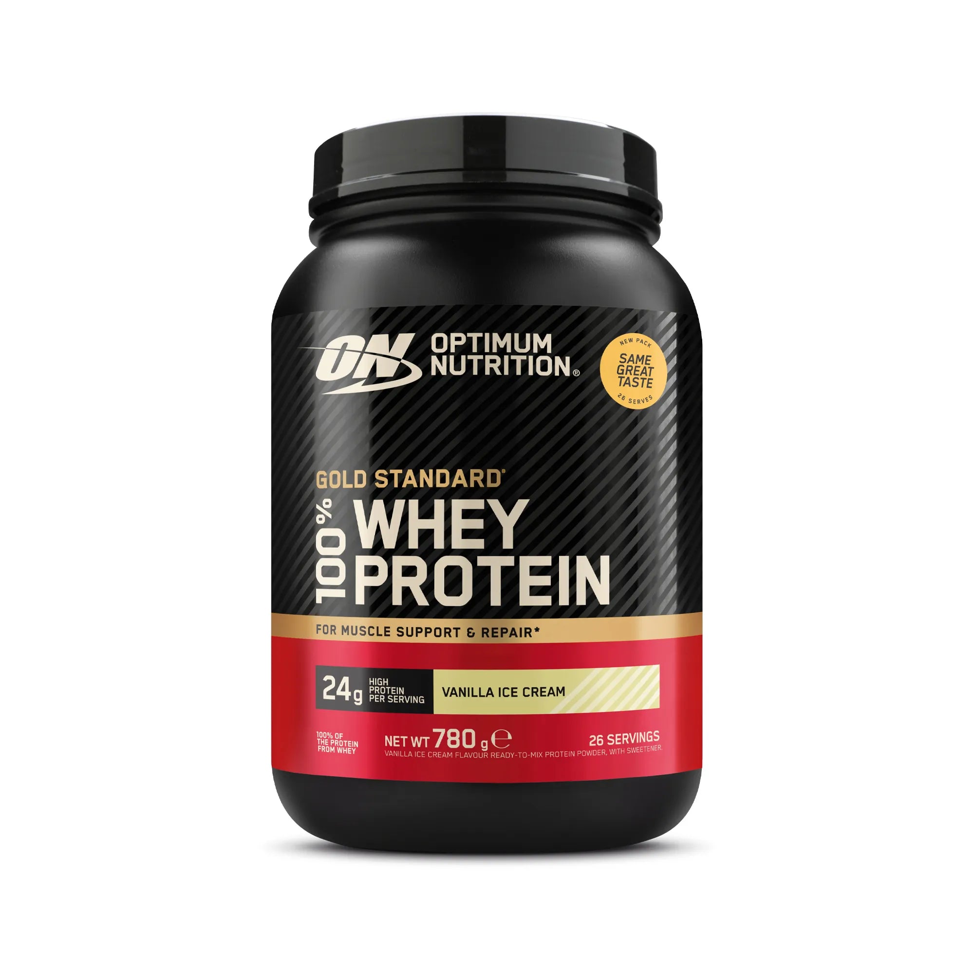 Optimum Nutrition 100% Whey Gold Standard 775 g -proteiinijauhe mustassa purkissa, makuna Vanilla Ice Cream., kuva 8/8