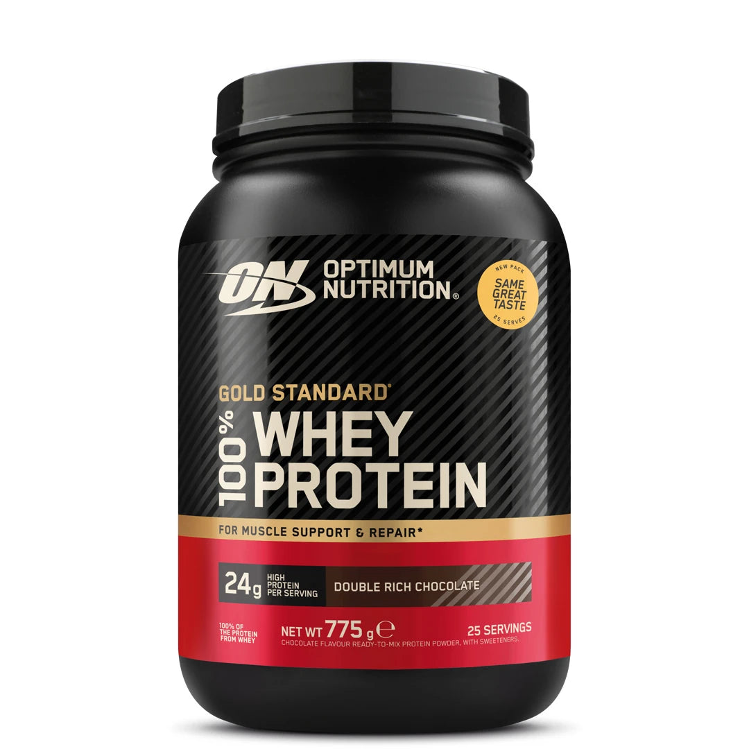 Optimum Nutrition 100% Whey Gold Standard 775 g -proteiinijauhe mustassa purkissa, makuna Double Rich Chocolate.