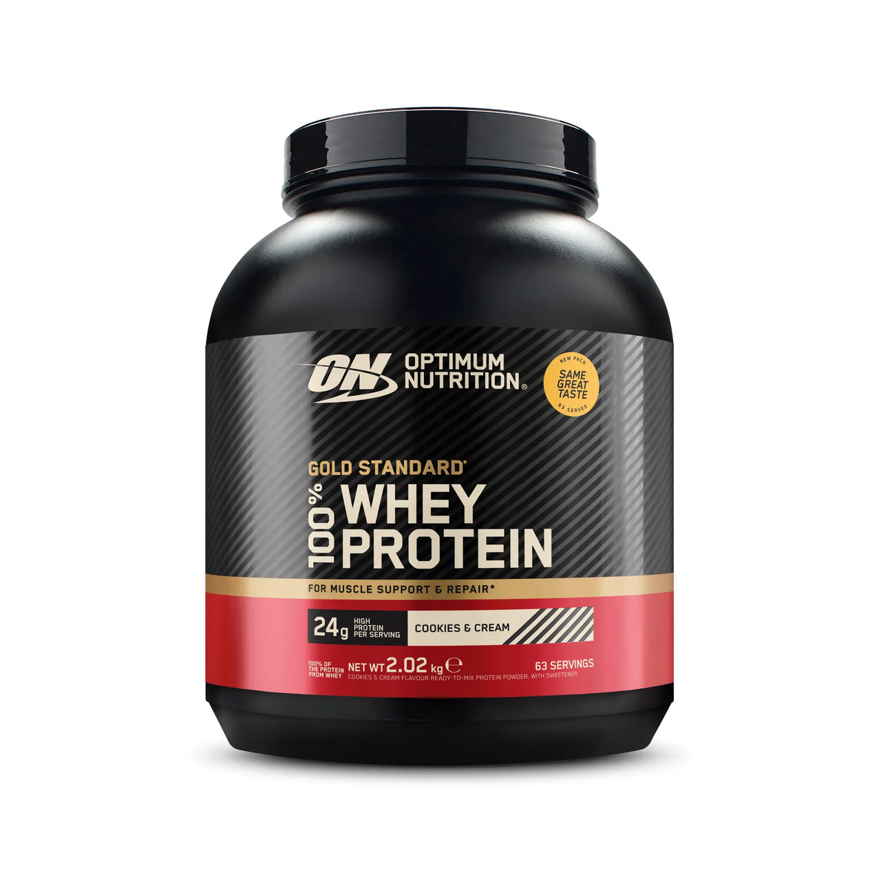 Optimum Nutrition 100% Whey Gold Standard 2 kg mustassa purkissa punaisilla yksityiskohdilla, makuna Cookies & Cream.