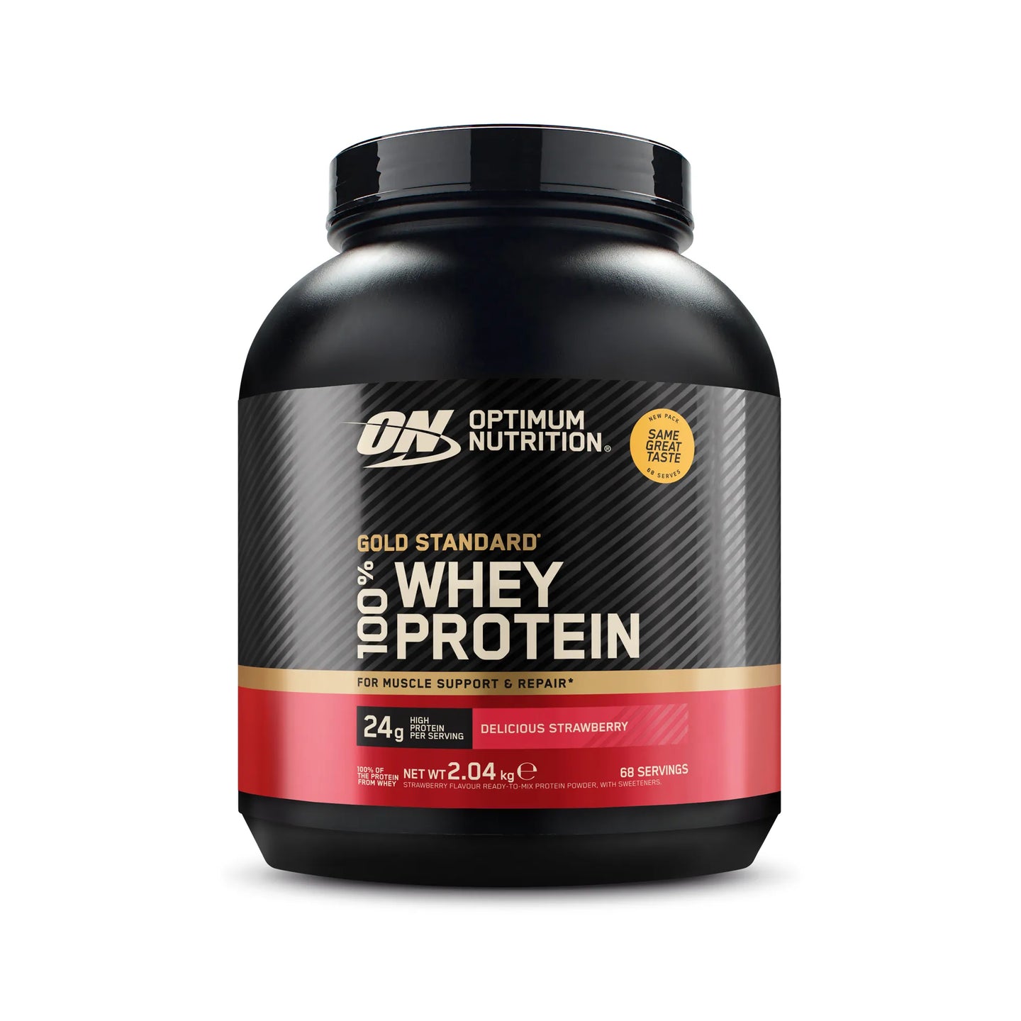 Optimum Nutrition 100% Whey Gold Standard 2 kg mustassa purkissa punaisilla yksityiskohdilla, makuna Delicious Strawberry., kuva 3/6