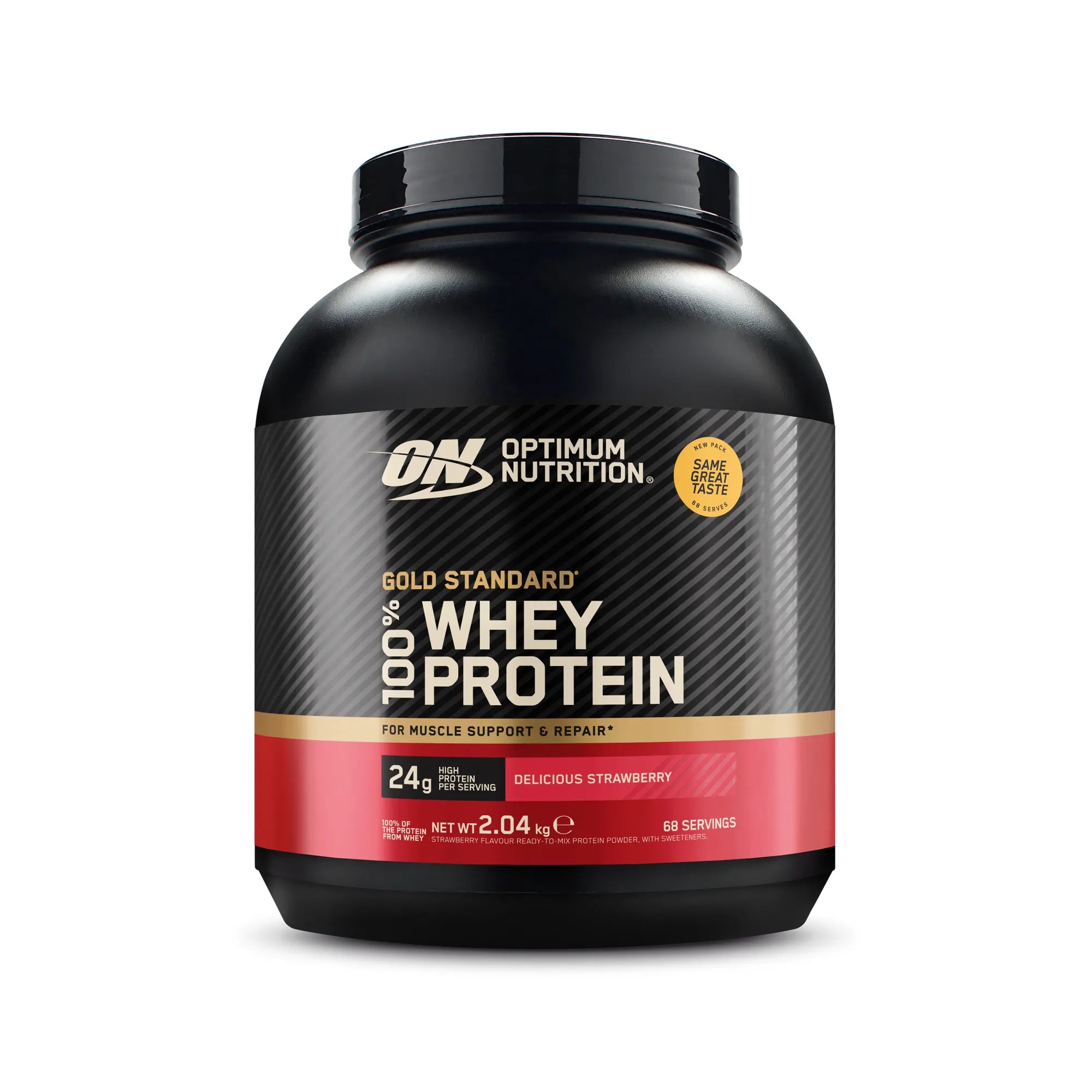 Optimum Nutrition 100% Whey Gold Standard 2 kg mustassa purkissa punaisilla yksityiskohdilla, makuna Delicious Strawberry., kuva 3/6