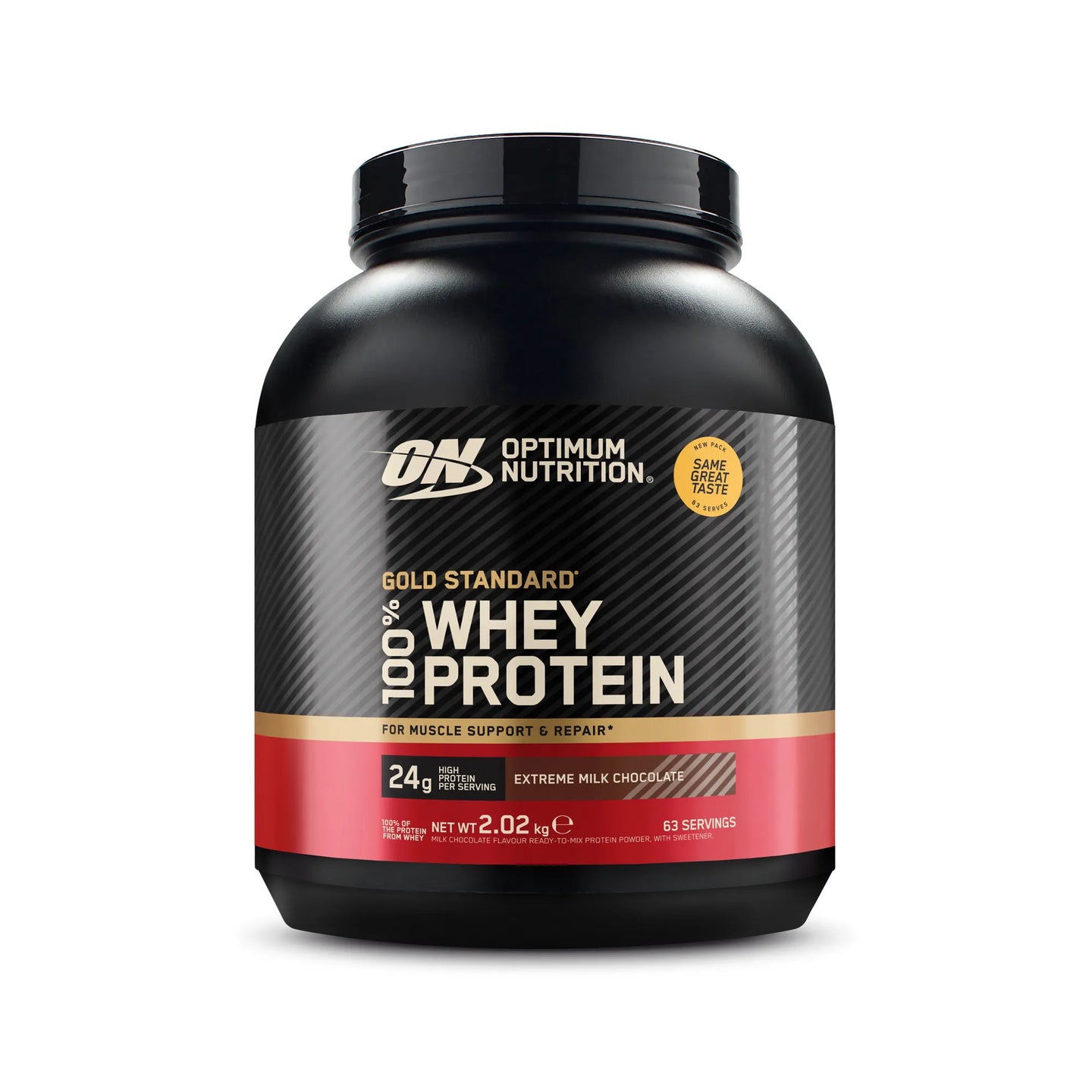 Optimum Nutrition 100% Whey Gold Standard 2 kg mustassa purkissa punaisin yksityiskohdin, maku Extreme Milk Chocolate., kuva 4/6