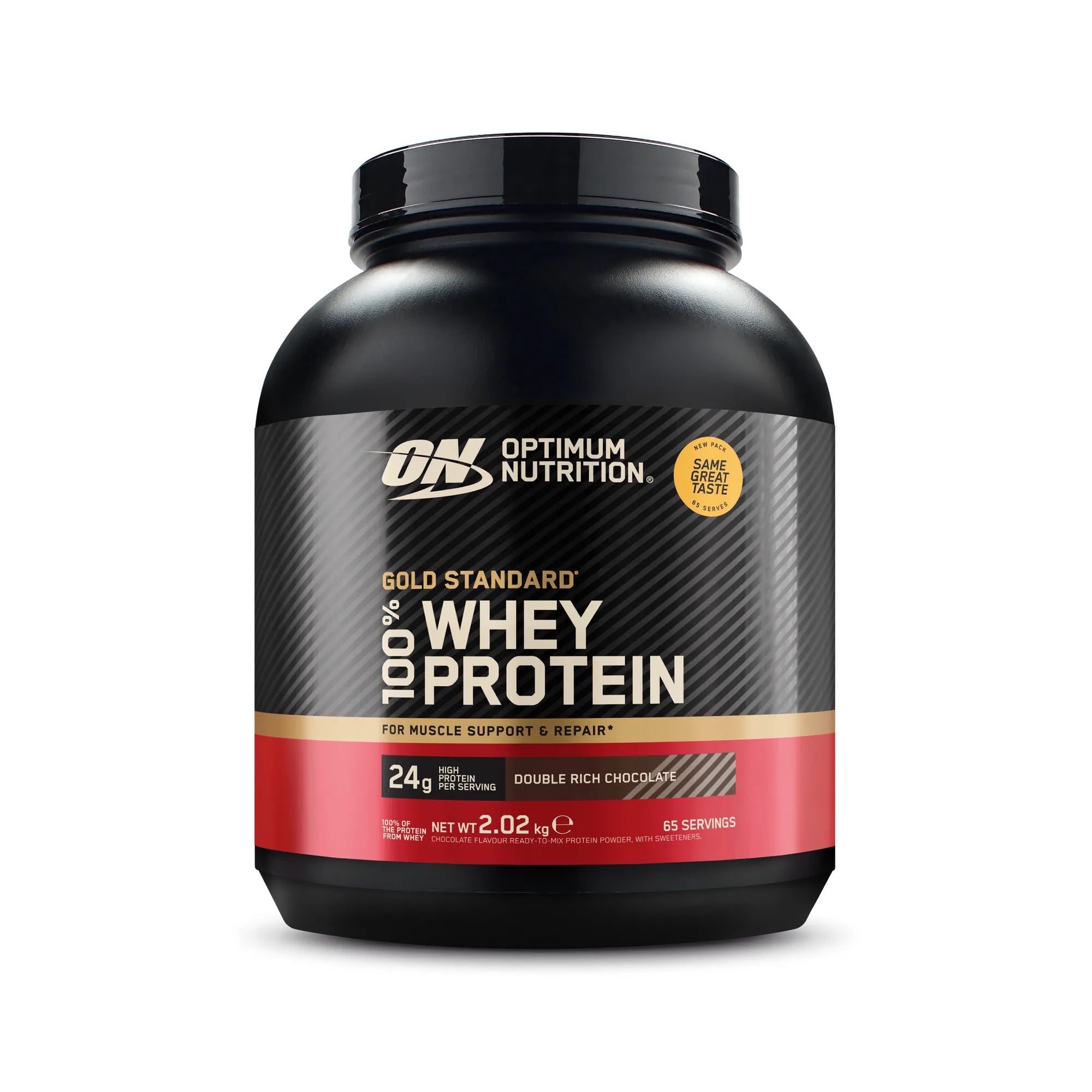 Optimum Nutrition 100% Whey Gold Standard 2 kg mustassa purkissa punaisilla yksityiskohdilla, makuna Double Rich Chocolate., kuva 5/6