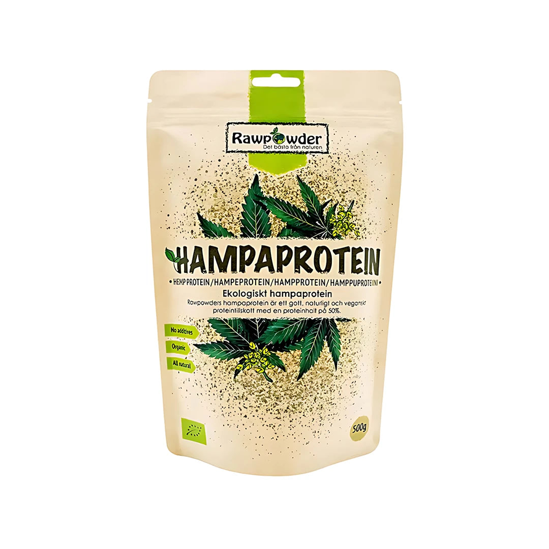 Rawpowder Hampaprotein 500 g -hamppuproteiinia beigessä pussissa, jossa on vihreitä hampunlehtiä.