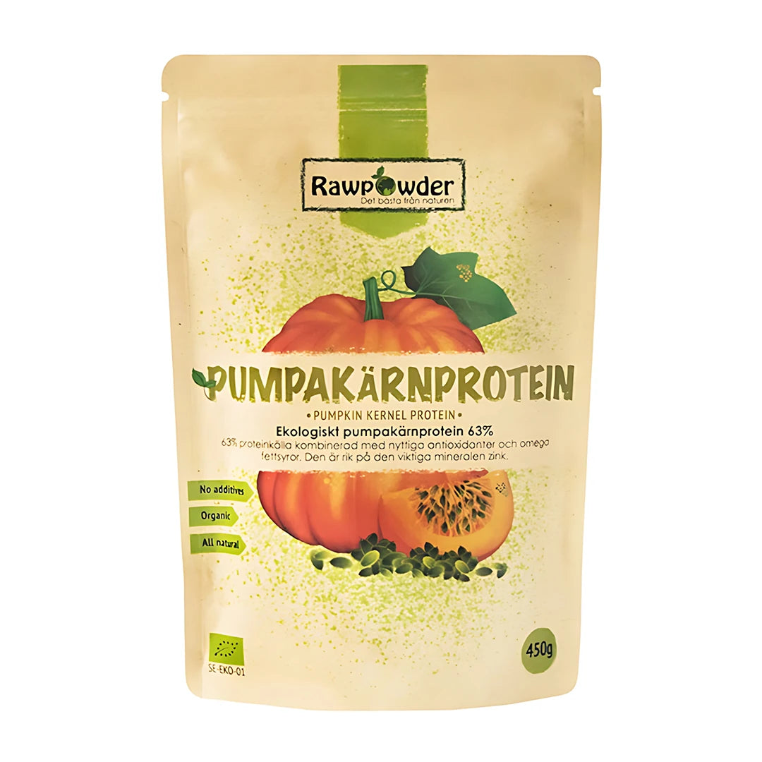 Rawpowder Pumpakärnprotein 450 g -luomuproteiinijauhe beigessä pussissa, jossa on kurpitsan kuvitus.