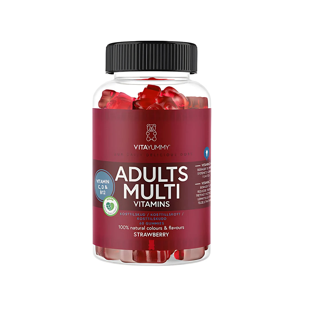 VitaYummy Adults Multivitamin 60 pcs kirkkaassa purkissa: musta kansi, tummanpunainen etiketti ja punaisia purukarkkeja.