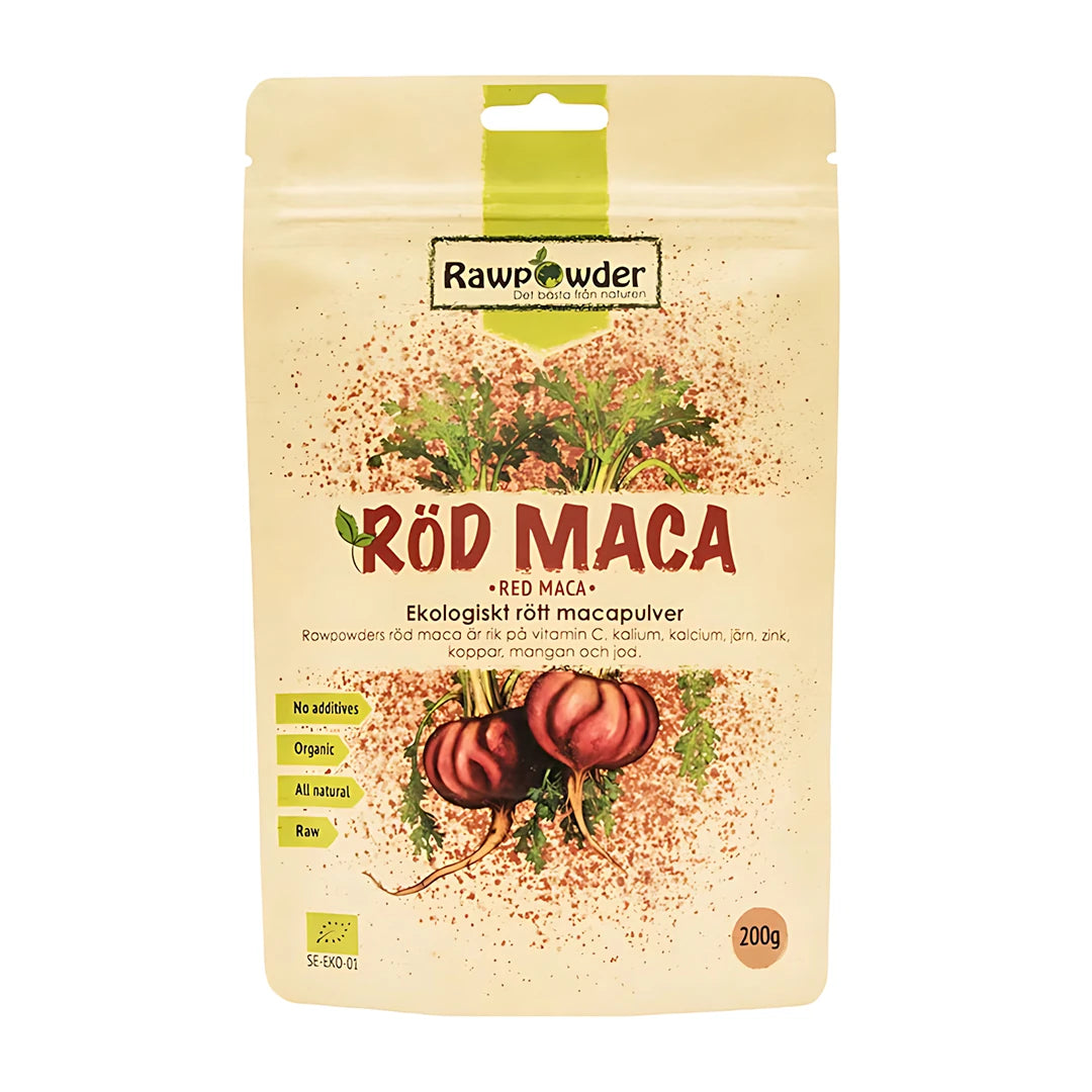 Vaaleankeltainen pussi Rawpowder Röd Maca 200 g -luomumacajauhetta, jossa on kuvitus punaisista macajuurista.