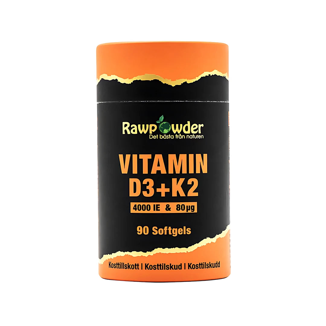 Rawpowder Vitamin D3 + K2 90 caps -ravintolisä mustassa purkissa, jossa on oransseja yksityiskohtia.