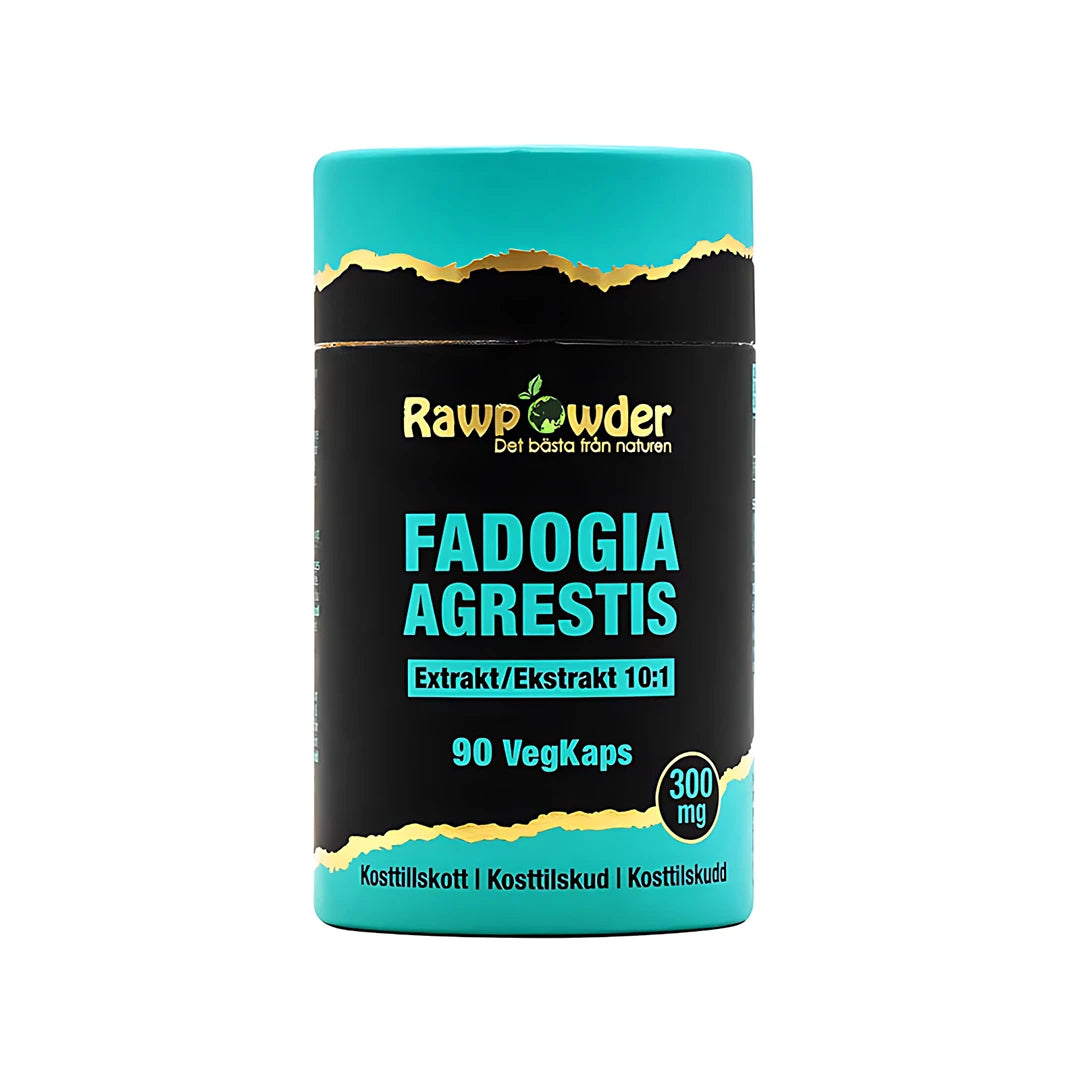 Rawpowder Fadogia Agrestis 90 caps -ravintolisä mustassa ja turkoosissa purkissa kultaisilla yksityiskohdilla.