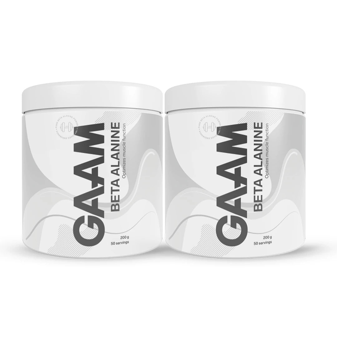 2 x GAAM Beta alanine 200 g aminohappoja kahdessa valkoisessa purkissa, joissa on harmaita yksityiskohtia ja musta teksti.