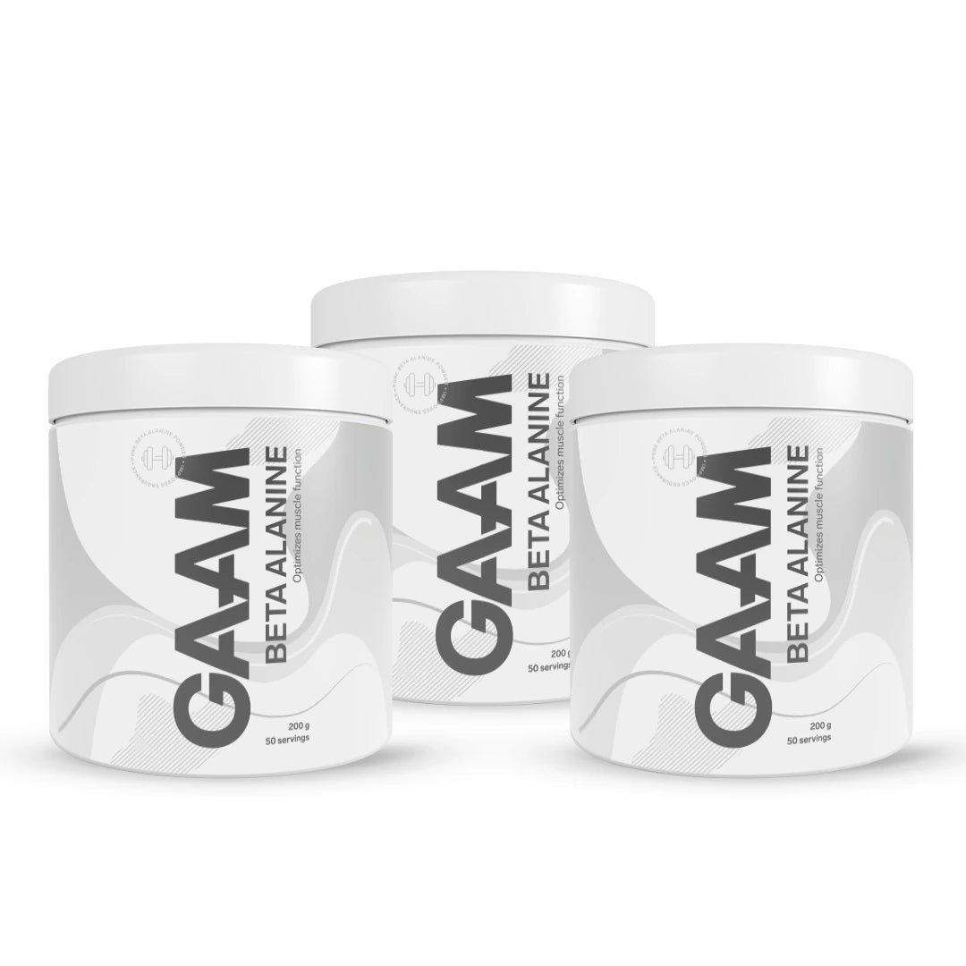 3 x GAAM Beta alanine 200 g aminohappoja kolmessa valkoisessa purkissa harmailla ja mustilla yksityiskohdilla.