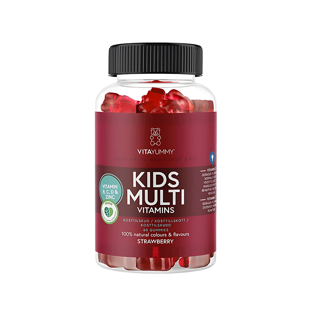 VitaYummy Kids Multivitamin 60 pcs kirkkaassa muovipurkissa, jossa on tummanpunainen etiketti ja punaisia vitamiininalleja.
