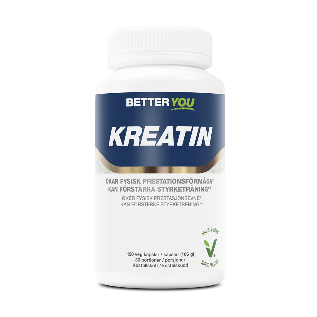 Better You Kreatinkapslar - 120 kaps valkoisessa purkissa sinisellä etiketillä, vegaaninen kreatiinilisä.