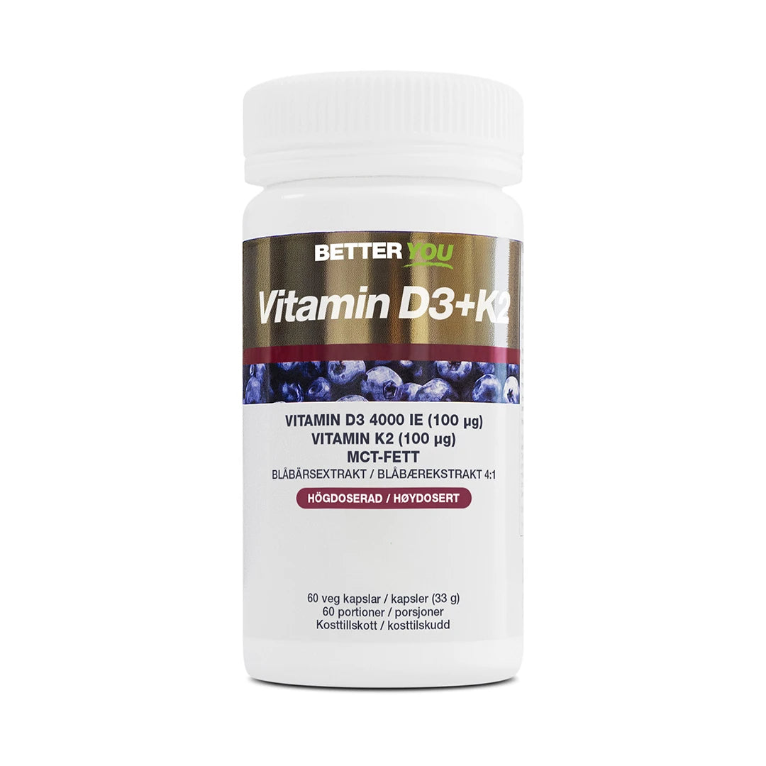 Better You Vitamin D3 4000IE + K2 100µg - 60 kaps valkoisessa purkissa, jossa on mustikkakuvio ja kultaisia yksityiskohtia.