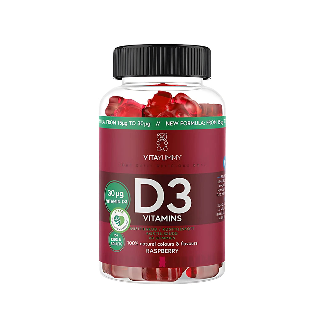 VitaYummy D3 Vitamin 60 pcs vegaaniset viinikumit läpinäkyvässä, mustakantisessa purkissa tummanpunaisella etiketillä.