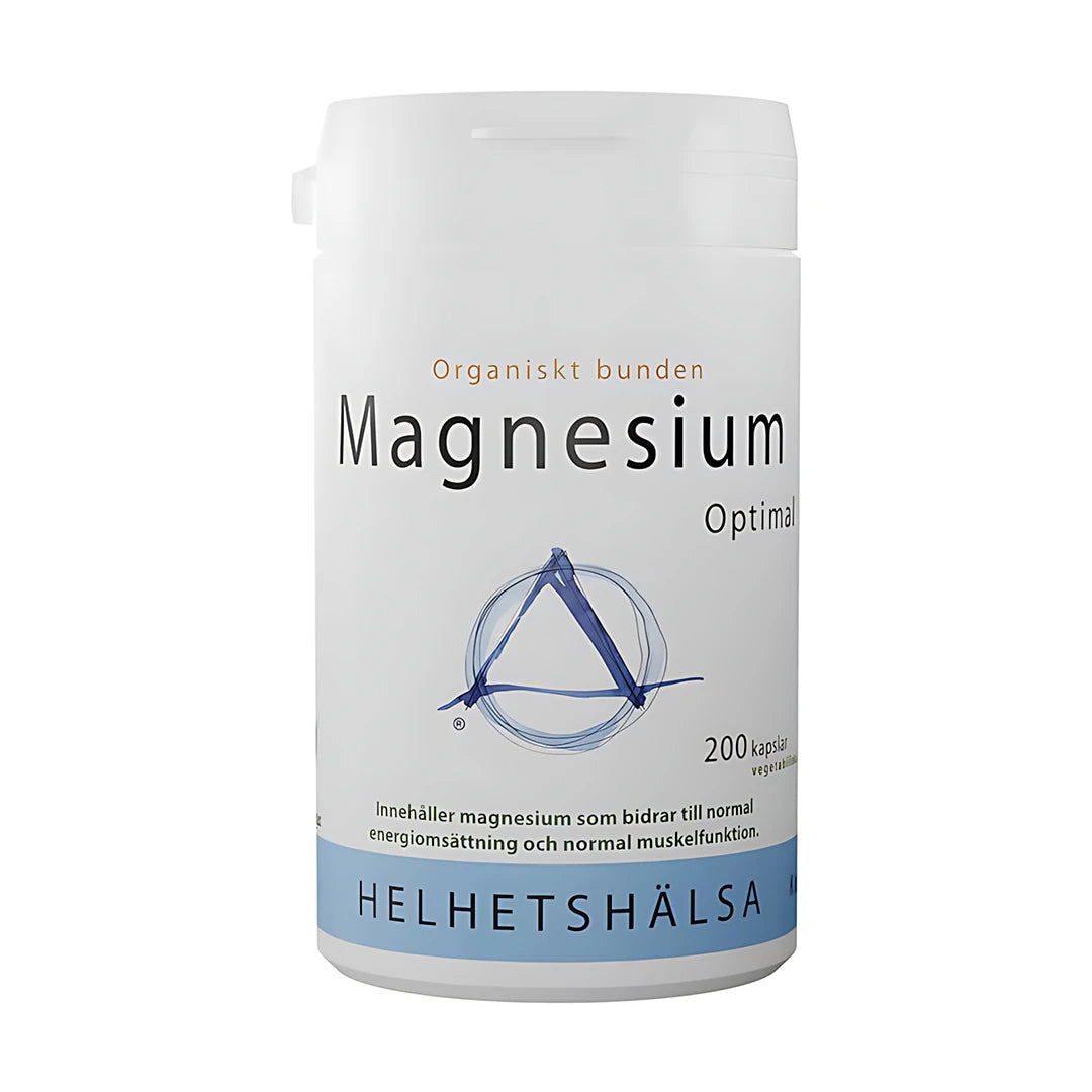 Helhetshälsa Magnesium Optimal 200 caps, ravintolisä pakattuna valkoiseen muovipurkkiin, jossa on vaaleansinisiä yksityiskohtia.