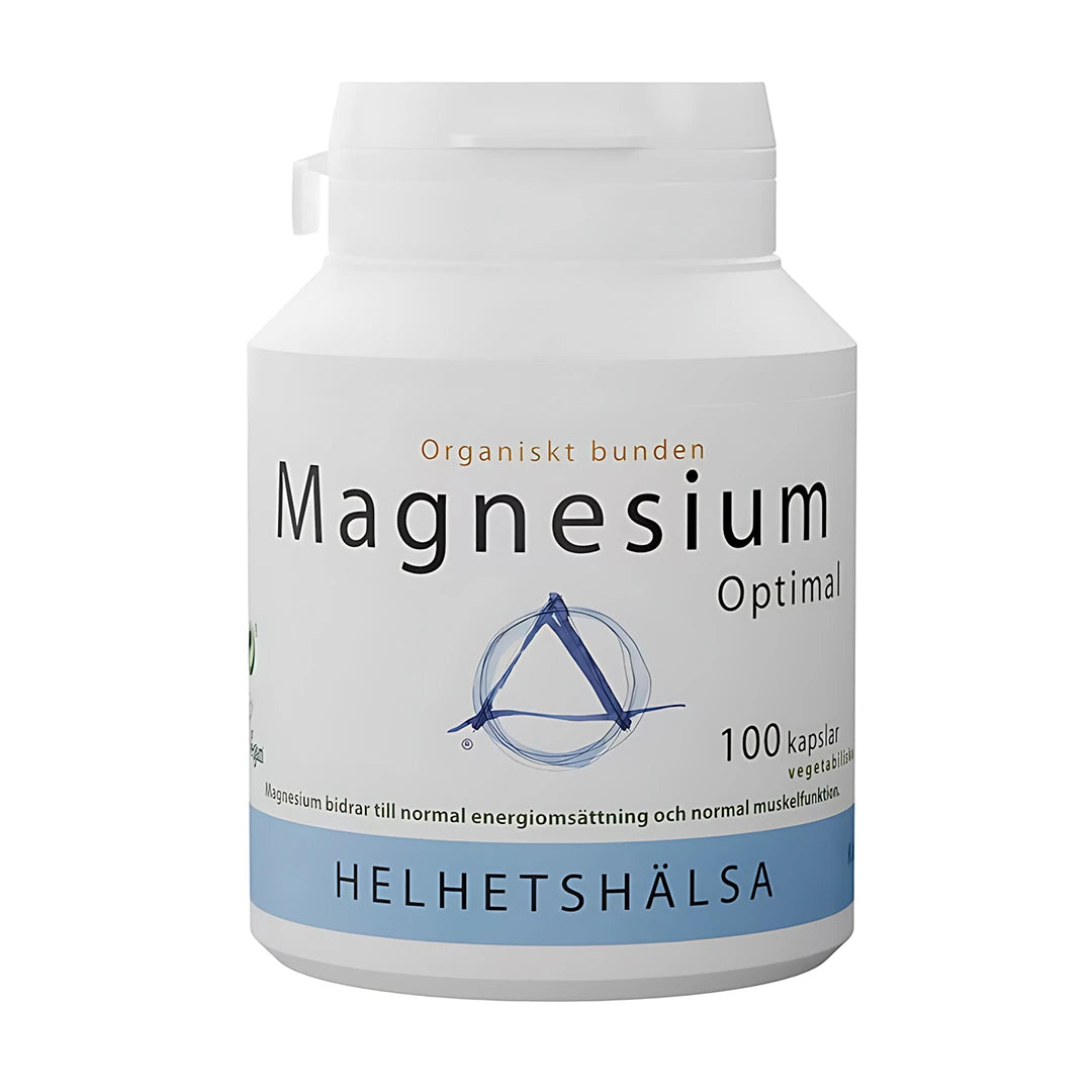 Helhetshälsa Magnesium Optimal 100 caps valkoisessa purkissa sinisillä yksityiskohdilla normaalin lihastoiminnan tueksi.
