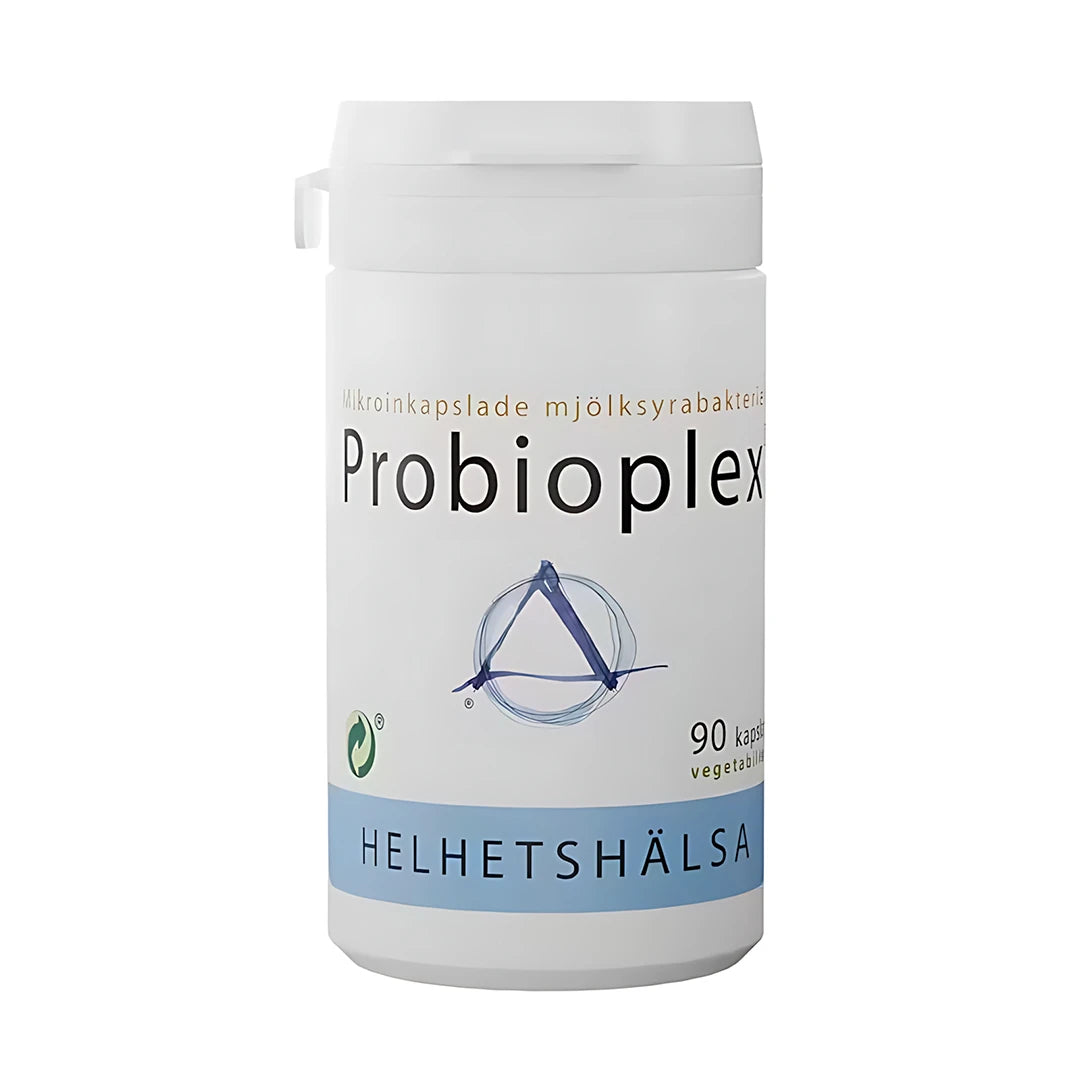 Helhetshälsa Probioplex 90 caps -maitohappobakteerit valkoisessa purkissa, jossa on vaaleansinisiä yksityiskohtia., kuva 1/1