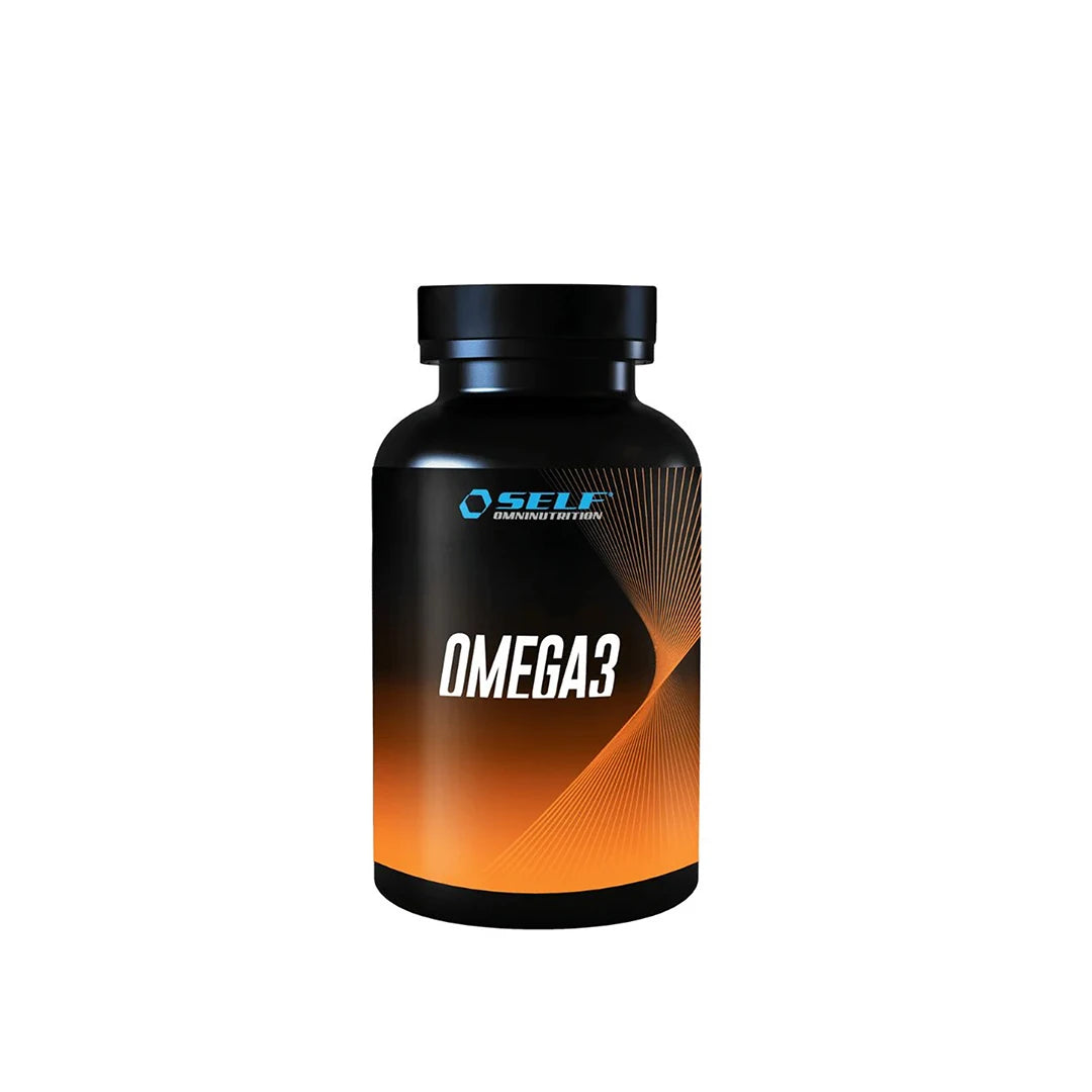Self Omninutrition Omega 3 60 caps mustassa purkissa oransseilla yksityiskohdilla.