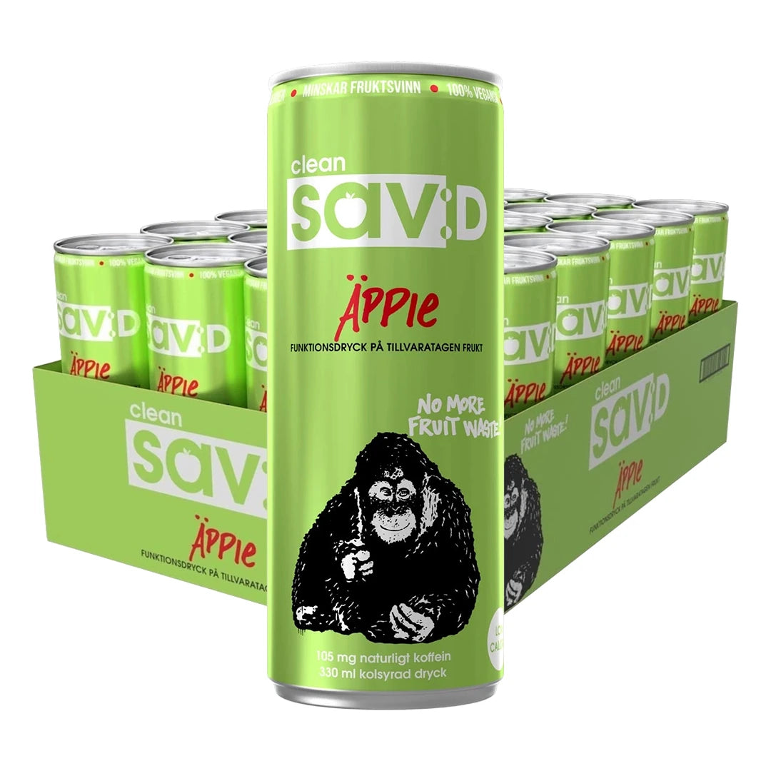 24 x Clean sav:D 330 ml Omena SUPER DEAL -juomat vihreässä laatikossa, vihreitä tölkkejä koristaa mustavalkoinen apina.