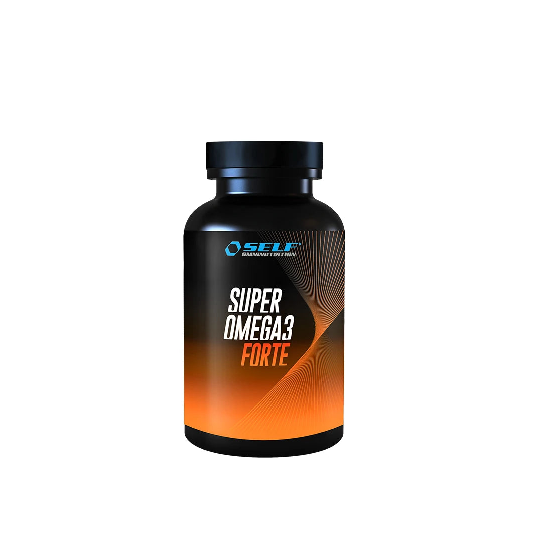 Self Omninutrition Super Omega 3 Forte 120 caps -omega-3-ravintolisä mustassa purkissa oransseilla yksityiskohdilla.