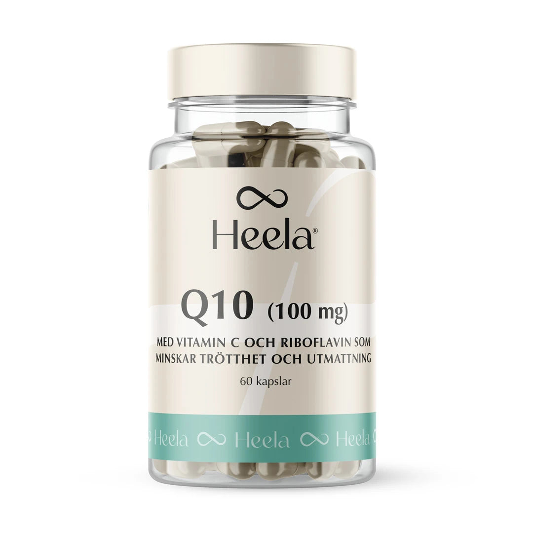 Heela Q10 - 100 mg 60 caps läpinäkyvässä purkissa, jossa on valkoinen etiketti ja turkoosi yksityiskohta.