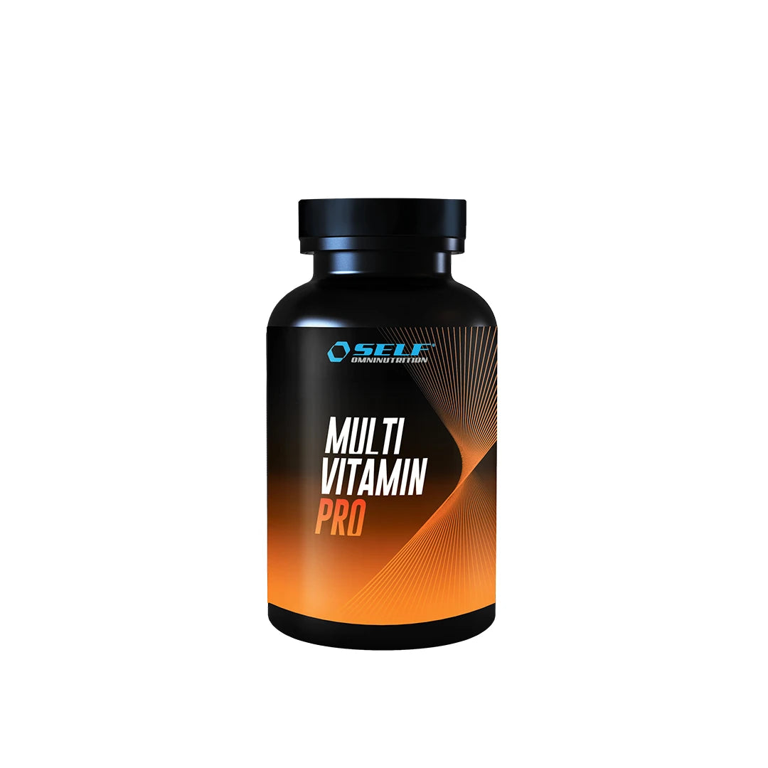 Self Omninutrition Multivitamin 120 caps -täydellinen ravintolisä mustassa purkissa oransseilla yksityiskohdilla.