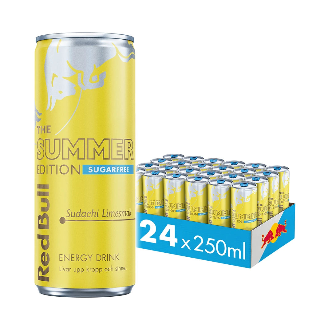 24 x Red Bull 250 ml Summer Edition Sugarfree - Sudachi Lime sinisessä laatikossa täynnä kelta-hopeisia tölkkejä.