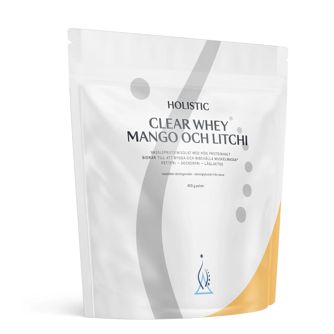 Holistic Clear Whey 400 g -proteiinijauhe valkoisessa pussissa keltaisilla yksityiskohdilla, makuna Mango ja Litši.