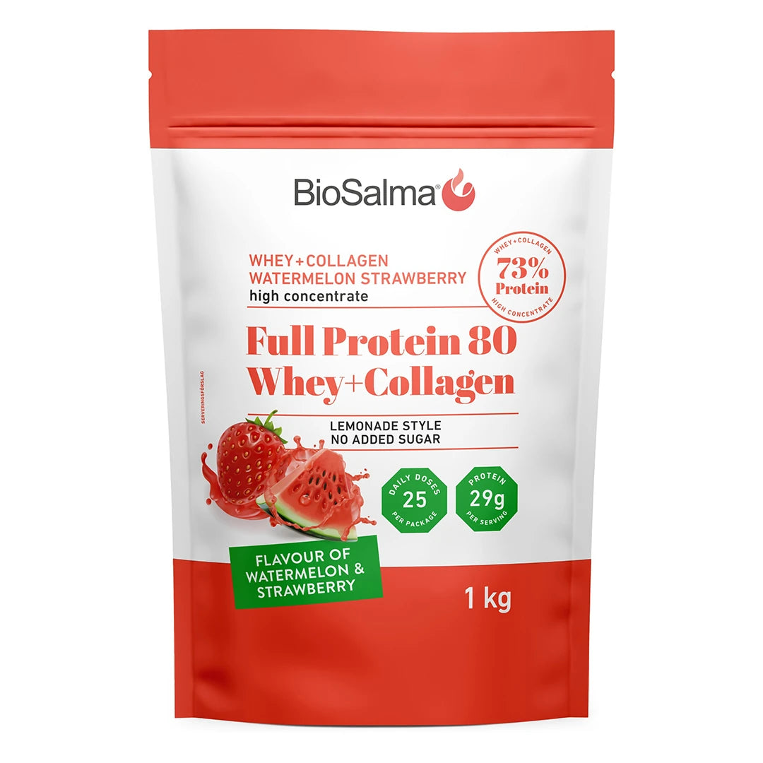 BioSalma Full Protein 80 Whey+Collagen Watermelon Strawberry 1 kg -proteiinijauhe valkopunaisessa pussissa.