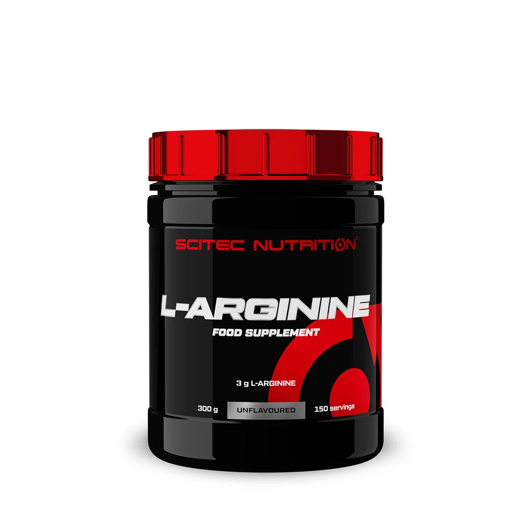 Scitec Nutrition L-Arginine 300 g -aminohappolisä mustassa purkissa, jossa on punainen kansi.