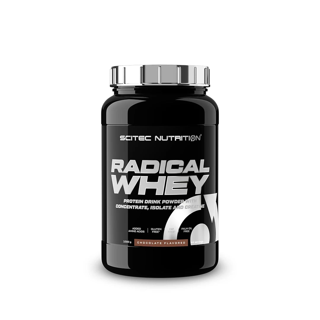 Scitec Nutrition Radical Whey 1 kg -proteiinijauhe makuna Chocolate mustassa purkissa hopeisella kannella.