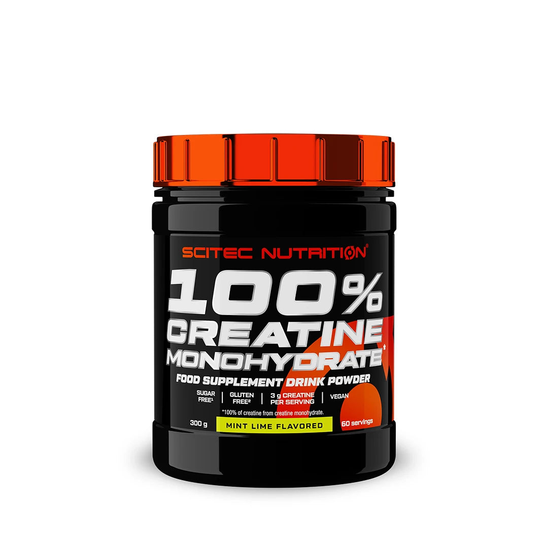 Scitec Nutrition 100% Creatine Monohydrate 300 g -kreatiinijauhe mustassa oranssikantisessa purkissa, makuna Mint Lime.
