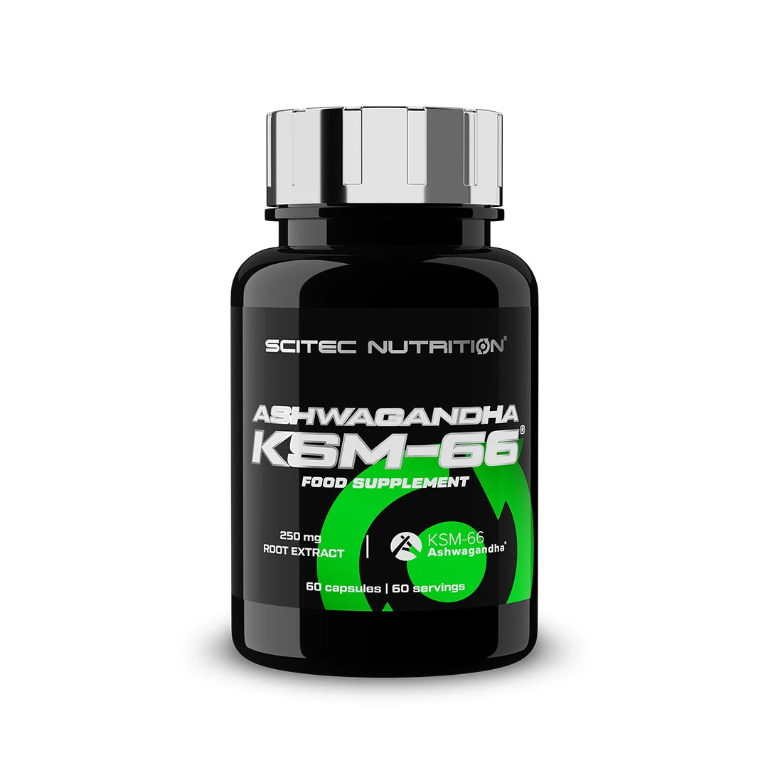 Scitec Nutrition KSM-66® Ashwagandha 60 caps mustassa purkissa, jossa on vihreitä ja valkoisia yksityiskohtia.